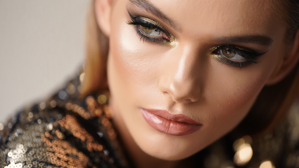 Jeune femme blonde avec maquillage à paillettes autour des yeux