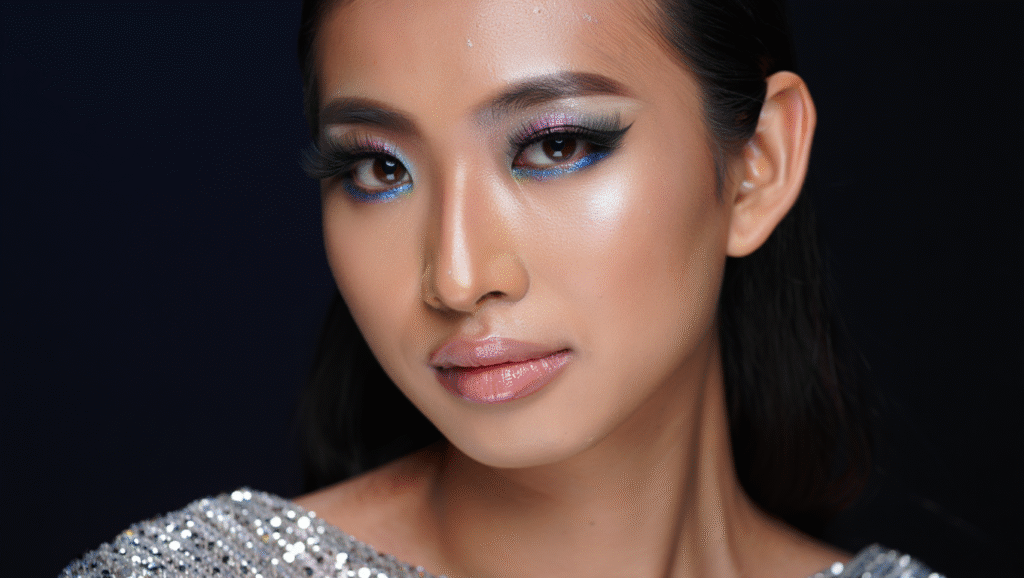 Jeune femme brune avec maquillage à paillettes